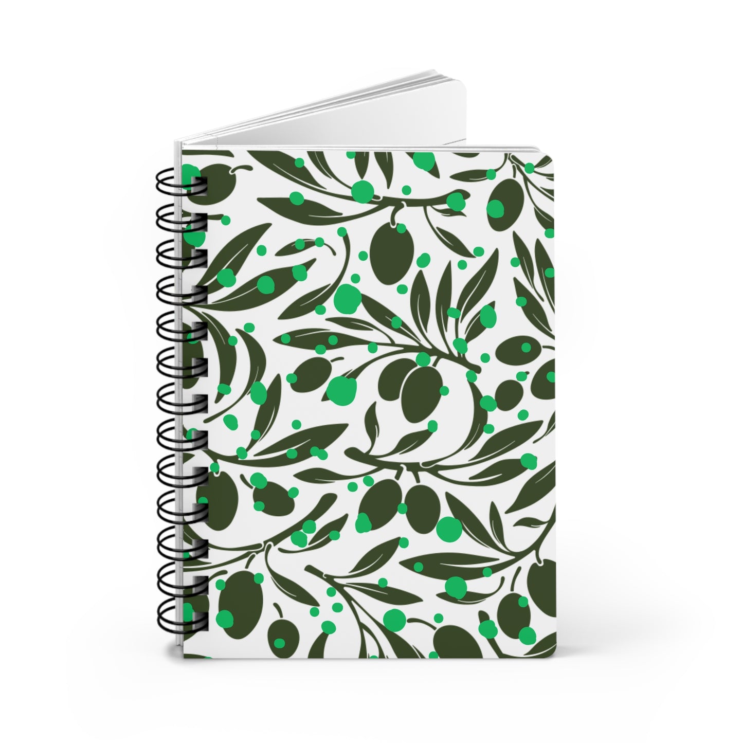 Olive Branches Midcentury Modern Black and Green Pattern Decorative Cocktail Wine Writing Spiral Bound Journal