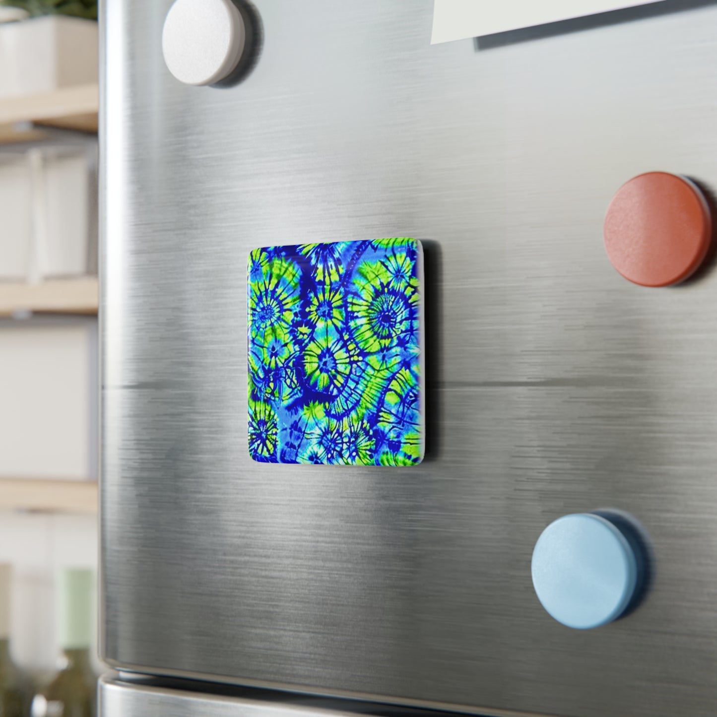 Tie Dye Beach Turquoise and Lime Green Pattern Kitchen Refrigerator Porcelain Magnet, Square