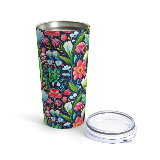 English Manor Floral Garden Tapestry  Red Blue Field Flowers Hot Cold Juice Water Beverage Travel Tumbler 20oz