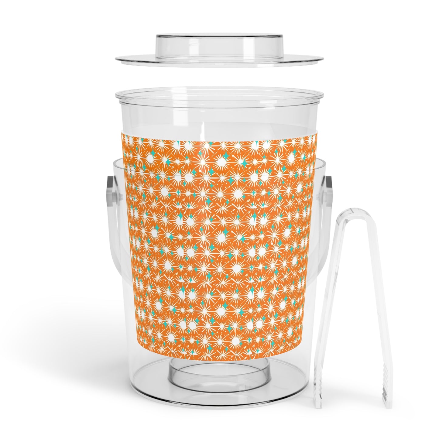 Midcentury Modern Starbursts Decorative Pattern Orange Cocktail Party Ice Bucket with Tongs