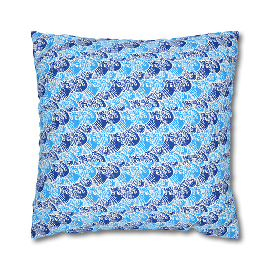 Ming Dynasty Waves Blue and White Chinese Woodblock Print Spun Polyester Pillow Cover