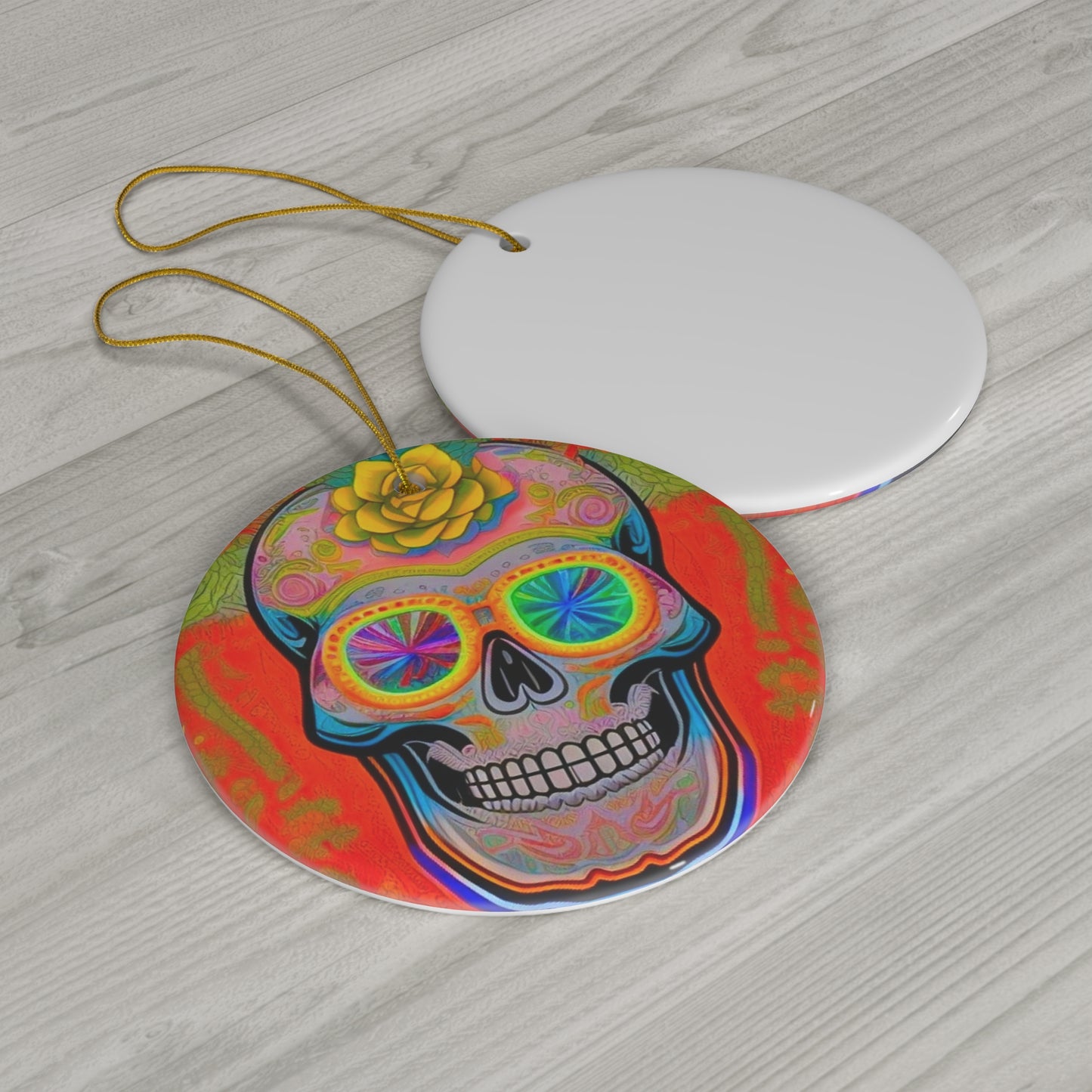 High Vibrations Skeleton Sugar Skull Neon Ceramic Ornament