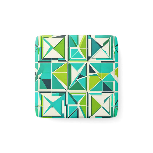Cancun Vacation Midcentury Modern Tile Coastal Turquoise and Green Geometric Pattern Refrigerator Kitchen Porcelain Magnet, Square