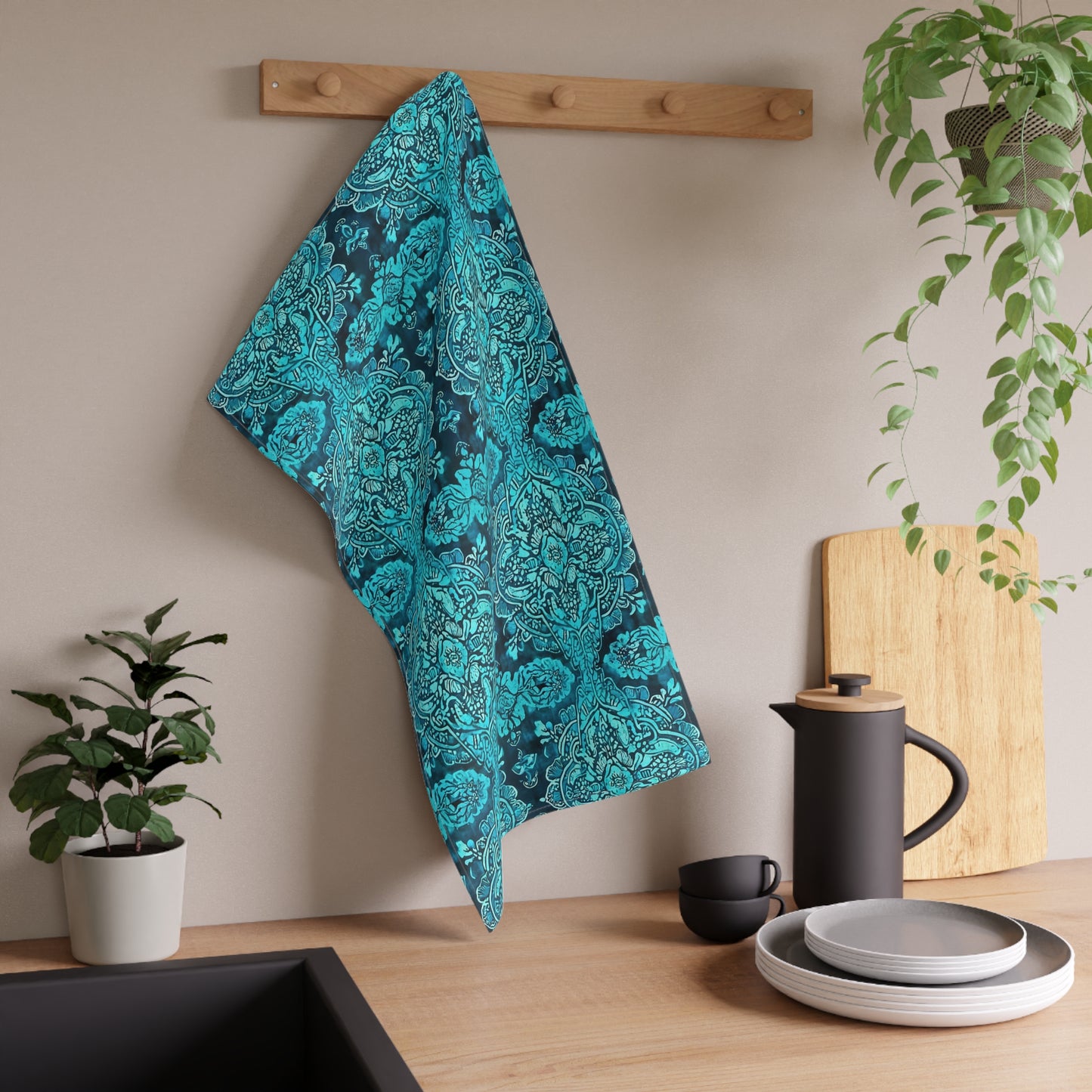 Teal Sumatran Water Garden Batik Decorative Kitchen Tea Towel/Bar Towel