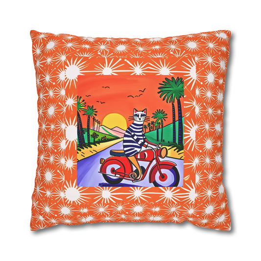 Cool Cat Moto Palm Springs Motorcycle Tour Midcentury Modern Children's Art Square Poly Canvas Pillow Cover