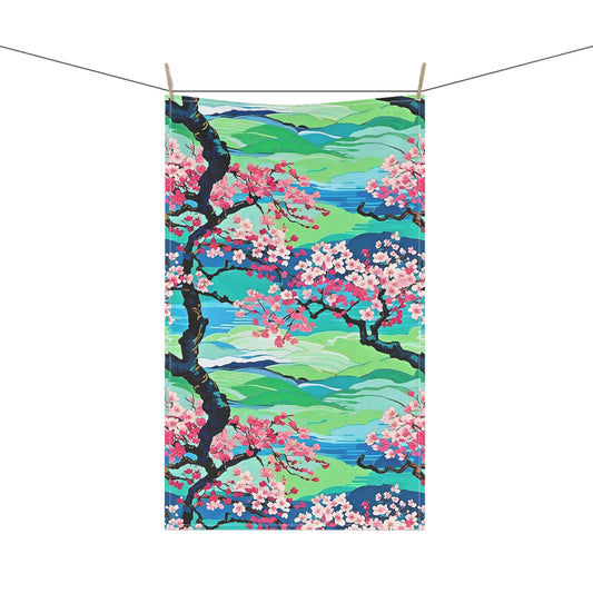 Japanese Meadow Cherry Blossom Wood Block Pattern Kitchen Tea Towel/Bar Towel