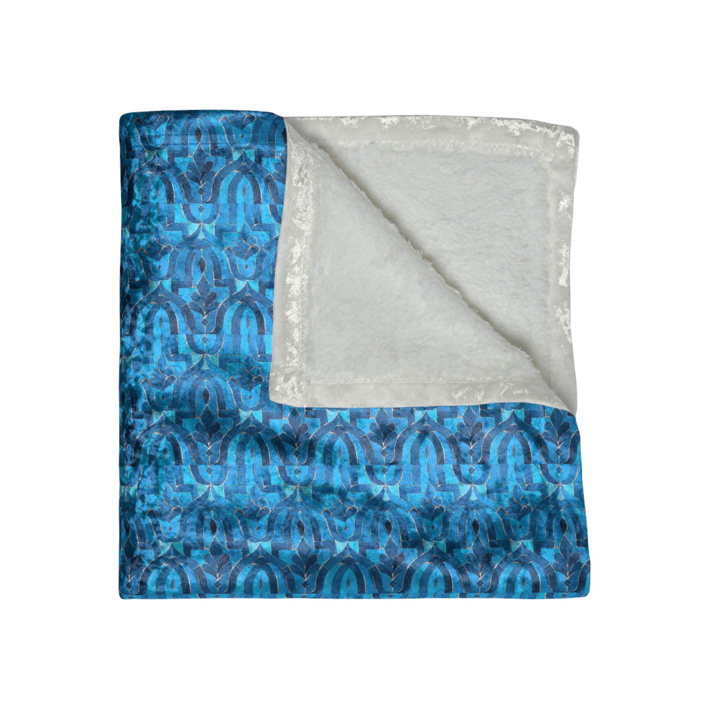 Blue Cobalt Moroccan Villa Fountain Tile Warm Cozy Lounge Shimmer Crushed Velvet Blanket