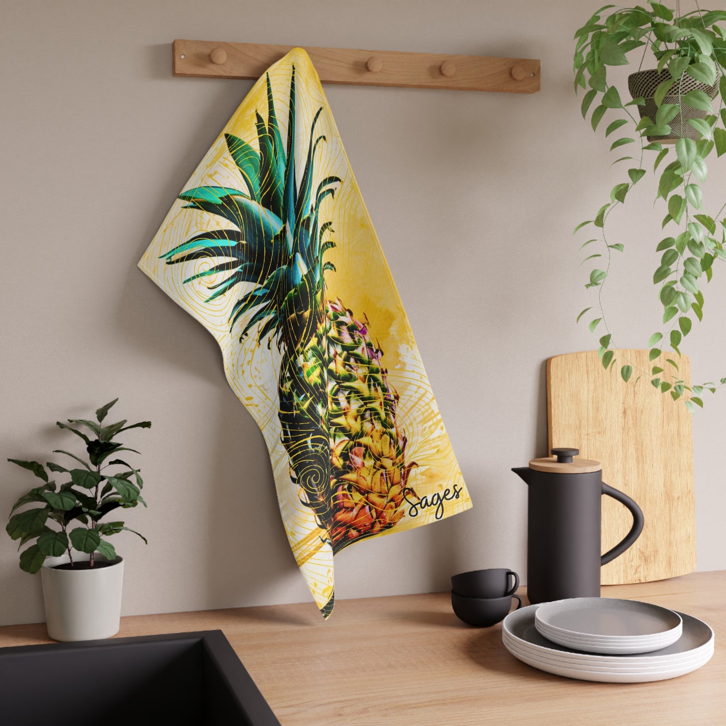 Yellow Watercolor Pineapple Decorative Kitchen Tea Towel/Bar Towel