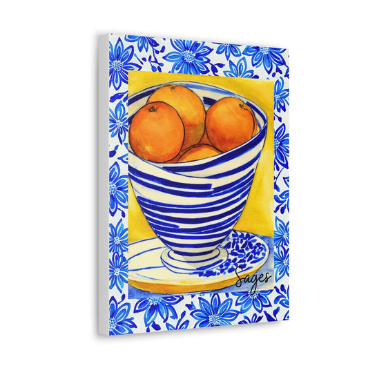 Summer Italian Oranges Watercolor Blue and White Bowl Decorative Art Canvas Gallery Wraps