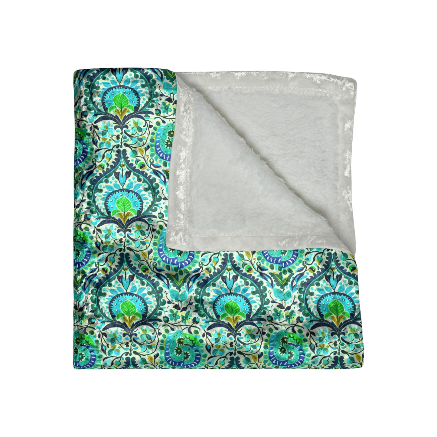 Suzani Tribal Pattern Blue and Green Bohemian Decorative Warm Cozy Lounge Designer Collection Crushed Velvet Blanket