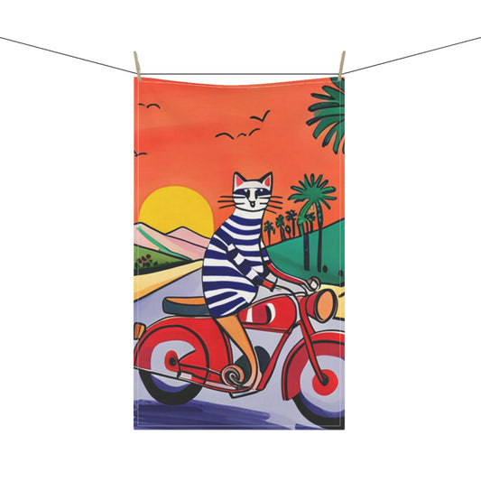 Moto Cool Cat Ride  Motorcycle Pacific Coast Highway Cartoon Illustration Decorative Kitchen Tea Towel/Bar Towel
