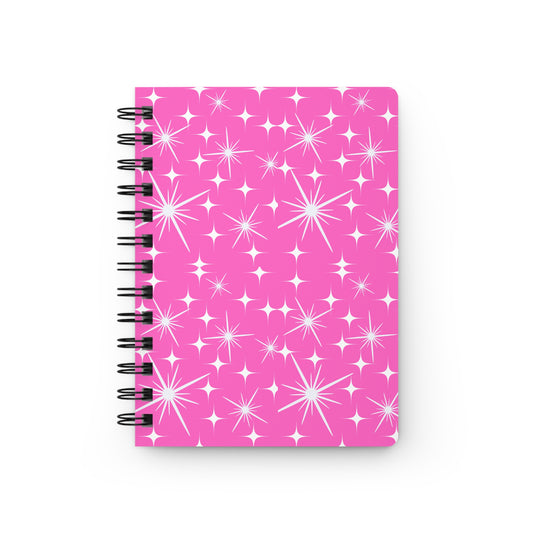 Midcentury Modern Stars Pattern Hot Pink Writing Sketch Inspiration Spiral Bound Journal