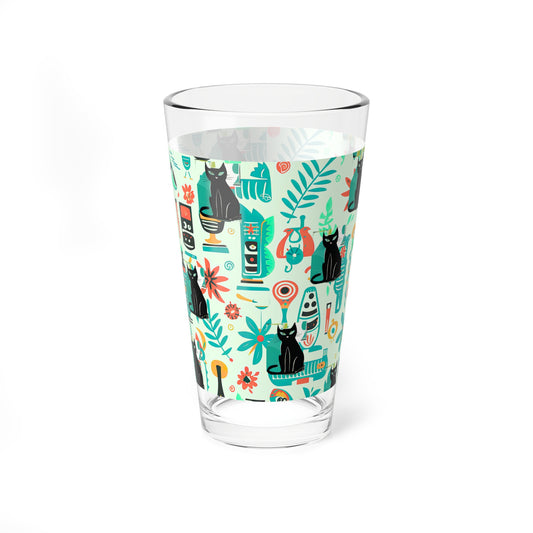 Kitty Flora and Fauna Midcentury Modern Kitchen Wallpaper Pattern Aqua Black 1950s House Cat Cocktail Party Mixing Glass, 16oz