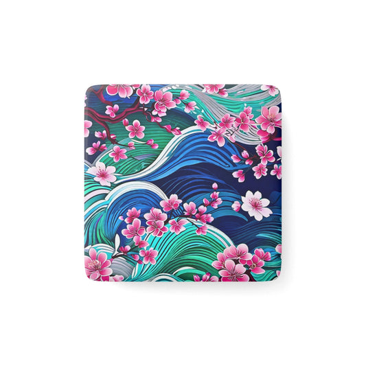 Japanese Mountains Cherry Blossoms Woodblock Pattern Kitchen Refrigerator Porcelain Magnet, Square