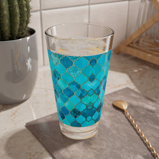 Teal and Turquoise Arabesque Tile Marrakech Moroccan Cocktail Party Beverage Entertaining Mixing Glass, 16oz