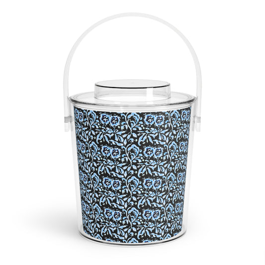 Blue Tropical Island Flower Batik Coastal Pattern Cocktail Patio Party Ice Bucket with Tongs
