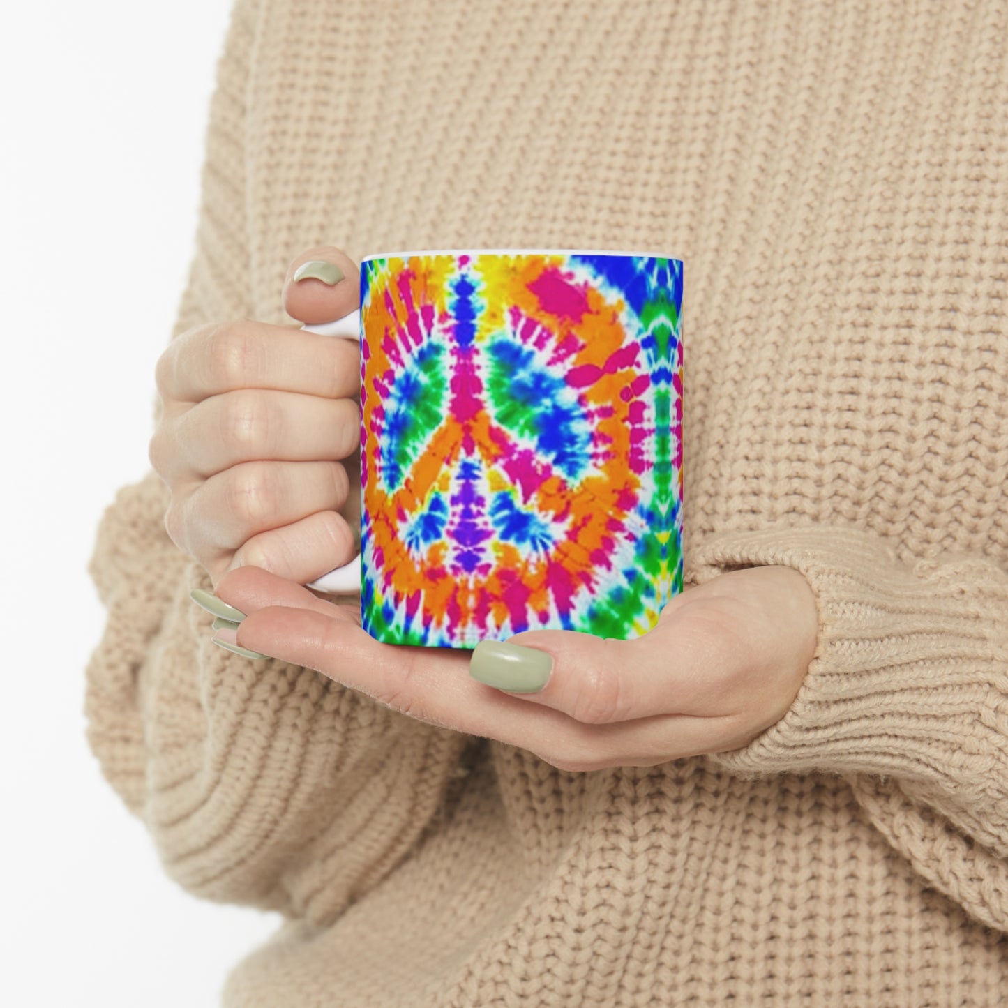 Tie Dye Peace Symbol Vintage 1960's Multi Colored New Hippie Style Hot Beverage Coffee Tea Ceramic Mug 11oz