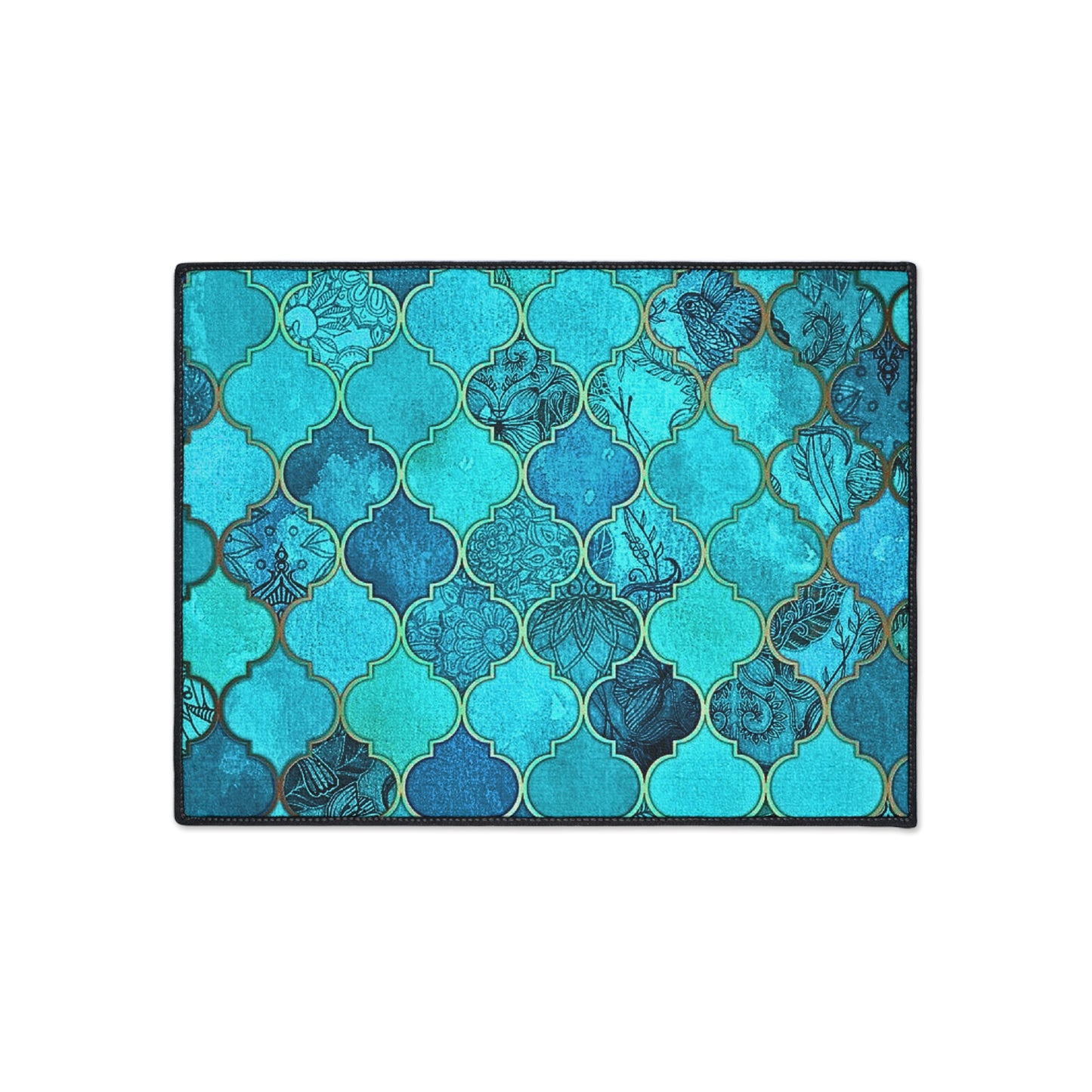 Teal and Turquoise Arabesque Tile Marrakech Moroccan Welcome Decorative Indoor Outdoor Heavy Duty Floor Mat