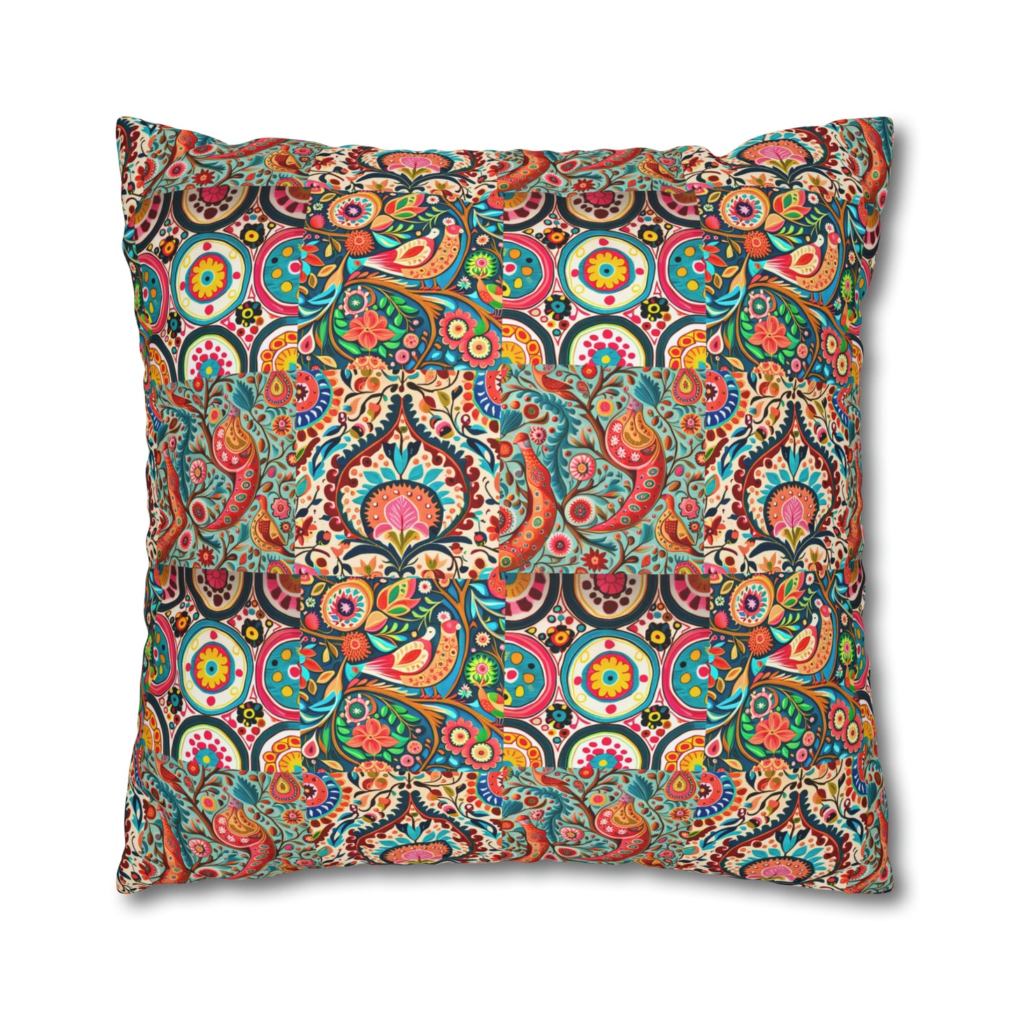 Colorful Suzani Tribal Pattern Bohemian Collage Decorative Spun Polyester Pillow Cover