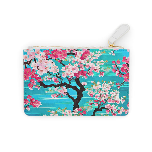 Turquoise Cherry Blossoms Japanese Kyoto Floral Coin Purse Pouch Mini Clutch Bag