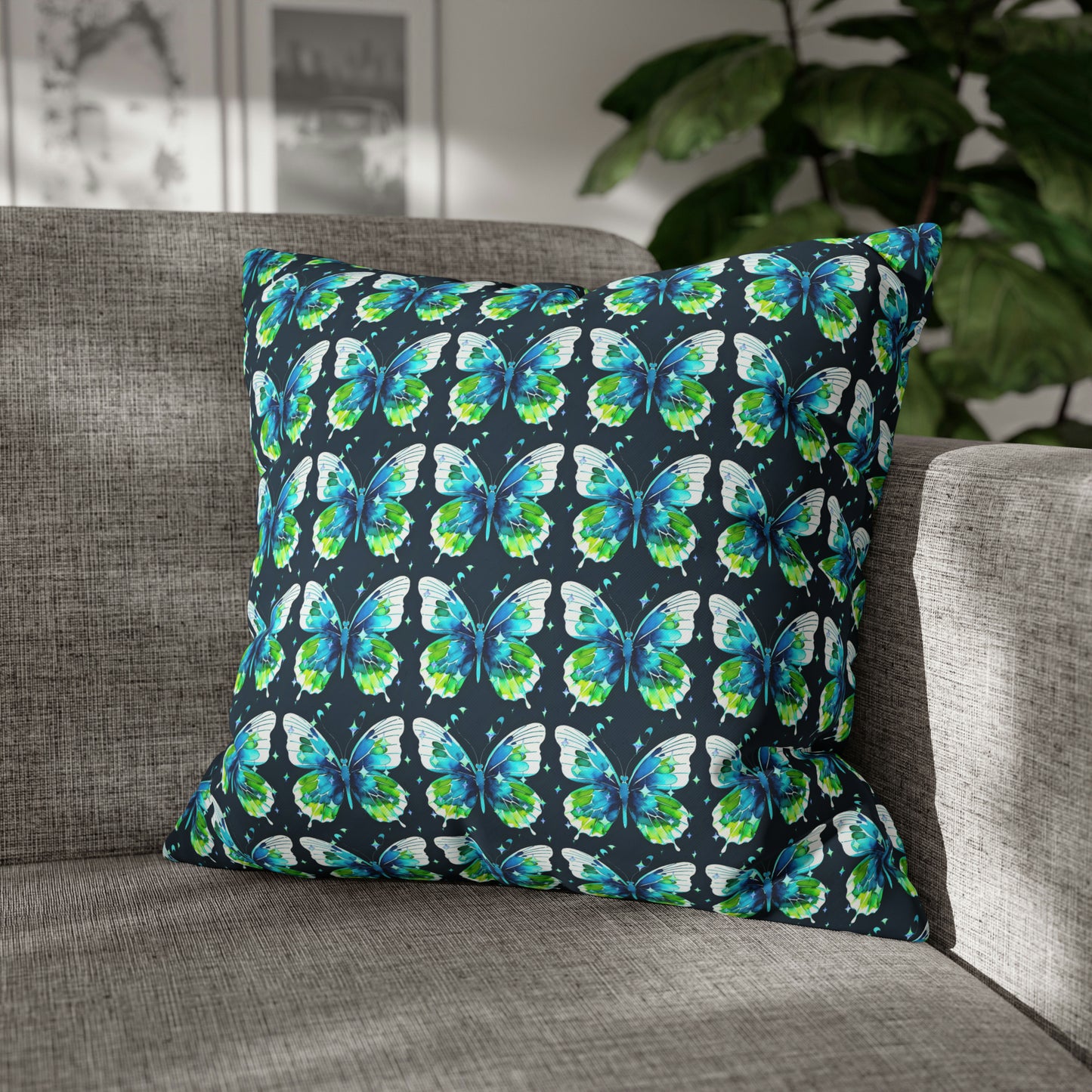 Twilight Awakening Blue Butterfly Watercolor Pattern Decorative Accent Spun Polyester Pillow Cover