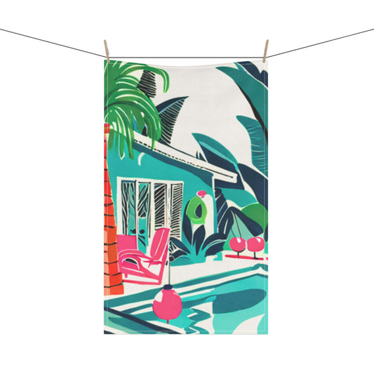 Miami Winter Poolside Midcentury Modern Palm Trees Tropical Flowers Holiday 1950 Illustration Decorative Kitchen Tea Towel/Bar Towel
