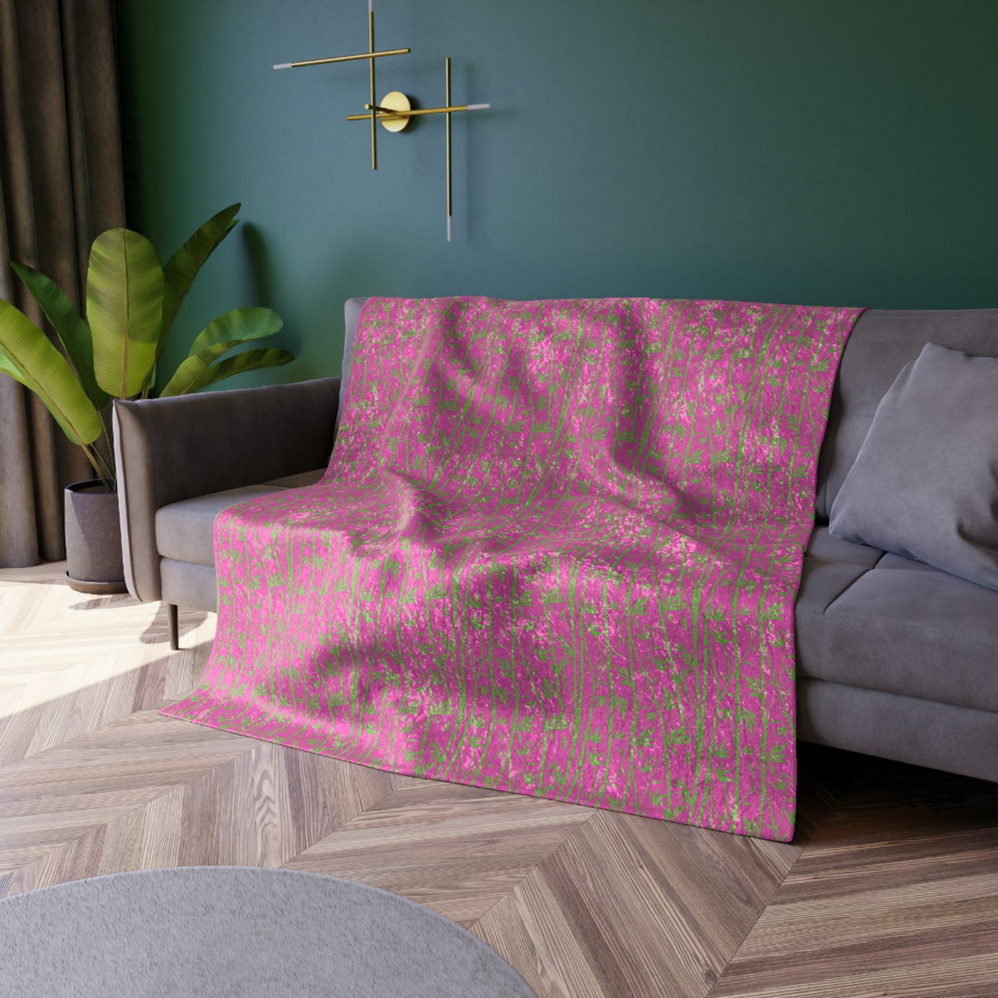 Bamboo Zen Meditation Garden Hot Pink Lime Green Warm Cozy Lounge Shimmer Crushed Velvet Blanket
