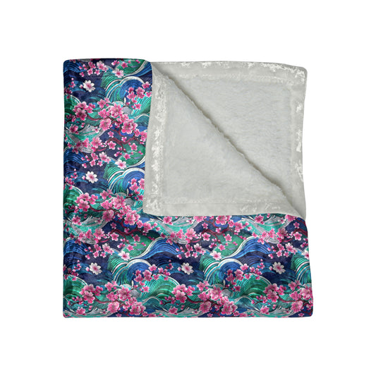 Japanese Mountains Cherry Blossoms Crushed Velvet Blanket