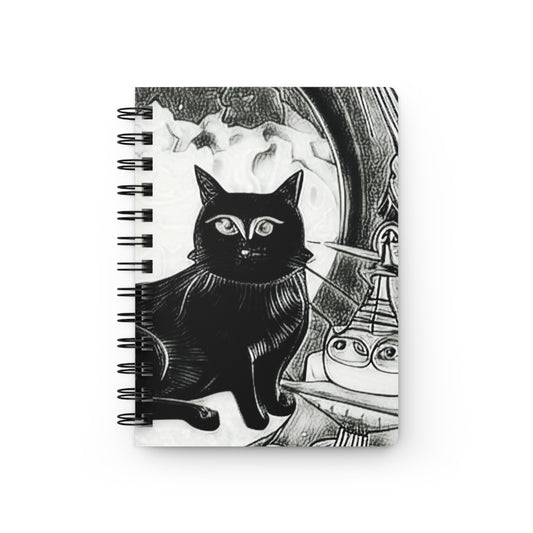 Space Cat Black and White Flying Saucer Galaxy Writing Sketch Inspiration Spiral Bound Journal