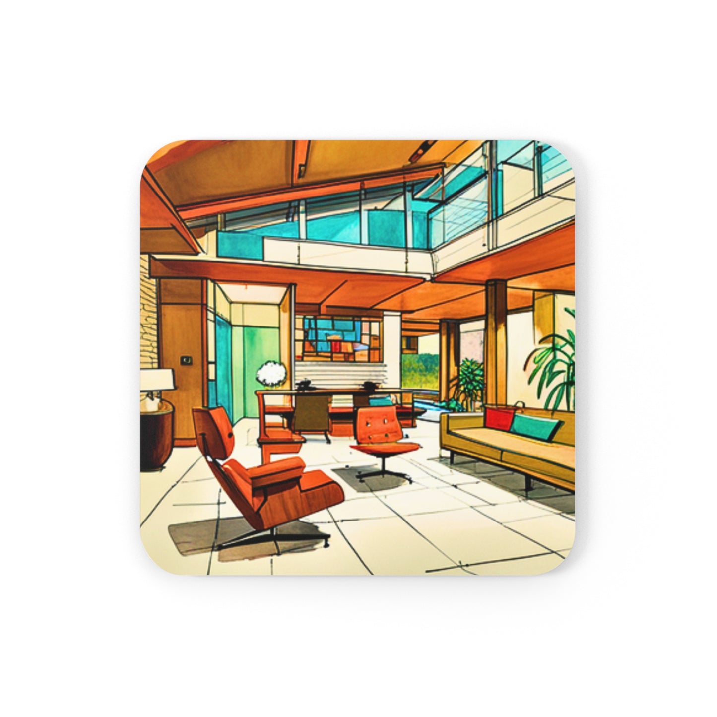 Atrium Sunroom Midcentury Modern Architect Interior Designer Rendering Turquoise Cocktail Party Entertaining Corkwood Coaster Set