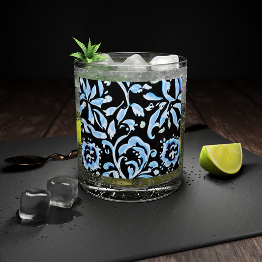 Blue Tropical Island Flower Batik Pattern Cocktail Party Beverage Entertaining  Bar Glass
