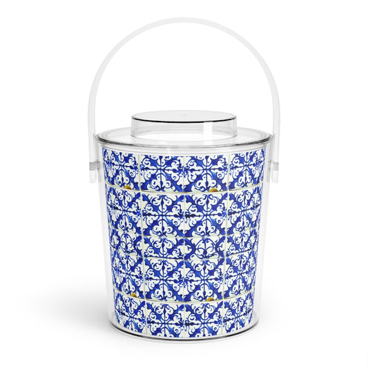 Blue and White Iron Gate Pattern Vintage Portugal Patio Entertaining Outdoor Ice Bucket with Tongs