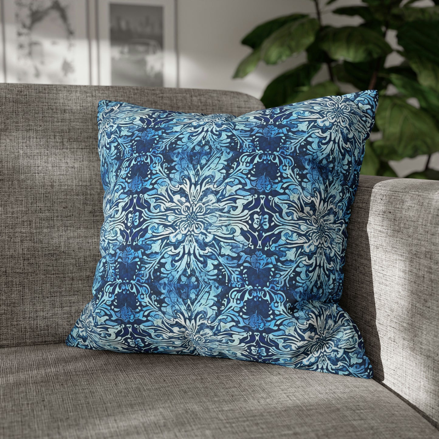 Blue Ornamental Island Batik Square Poly Canvas Pillow Cover