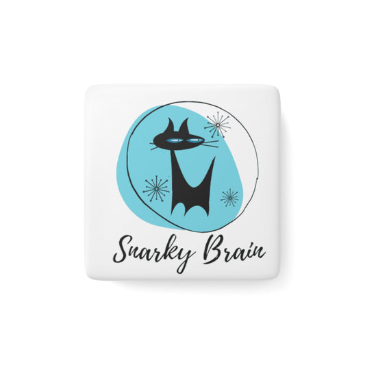 Snarky Brain Midcentury Modern Black Atomic Cat Turquoise Refrigerator Kitchen Porcelain Magnet, Square