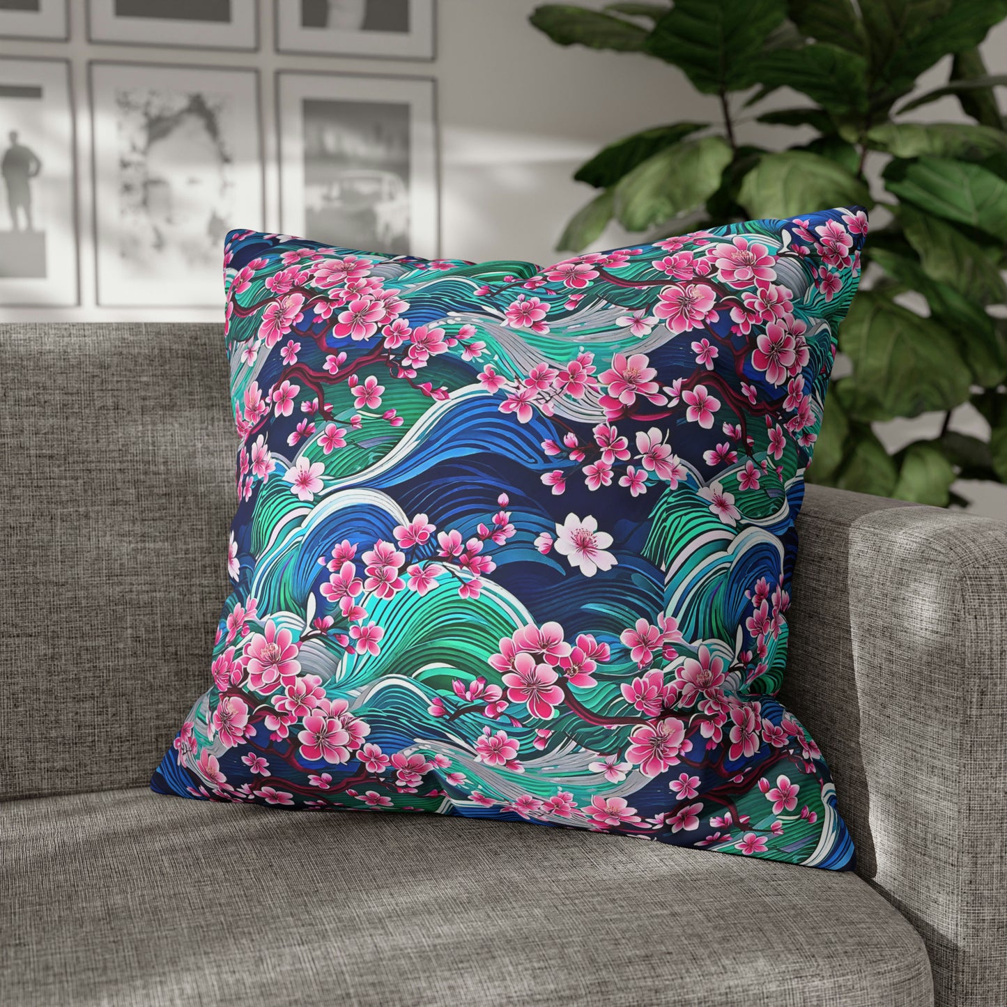 Japanese Mountains Cherry Blossoms Woodblock Pattern Decorative Spun Polyester Pillow Cover