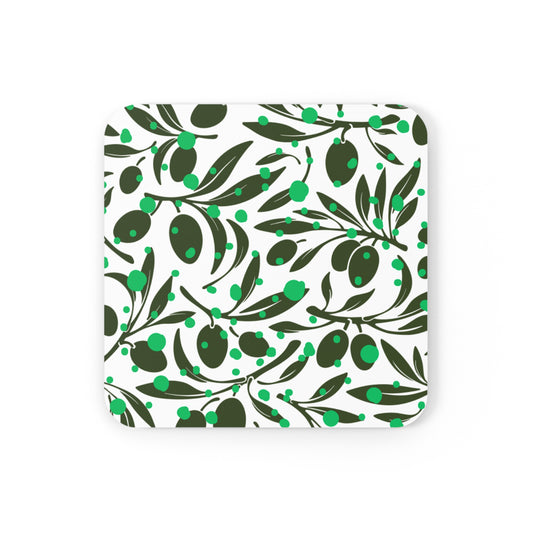 Olive Branches Midcentury Modern Black and Green Pattern Decorative Cocktail Wine Party Entertaining Corkwood Coaster Set