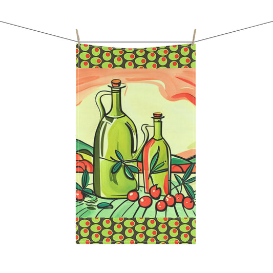 Olive Oil and Vinegar Italian Olives and Tomatoes Recipe Watercolor Illustration Decorative Kitchen Tea Towel/Bar Towel