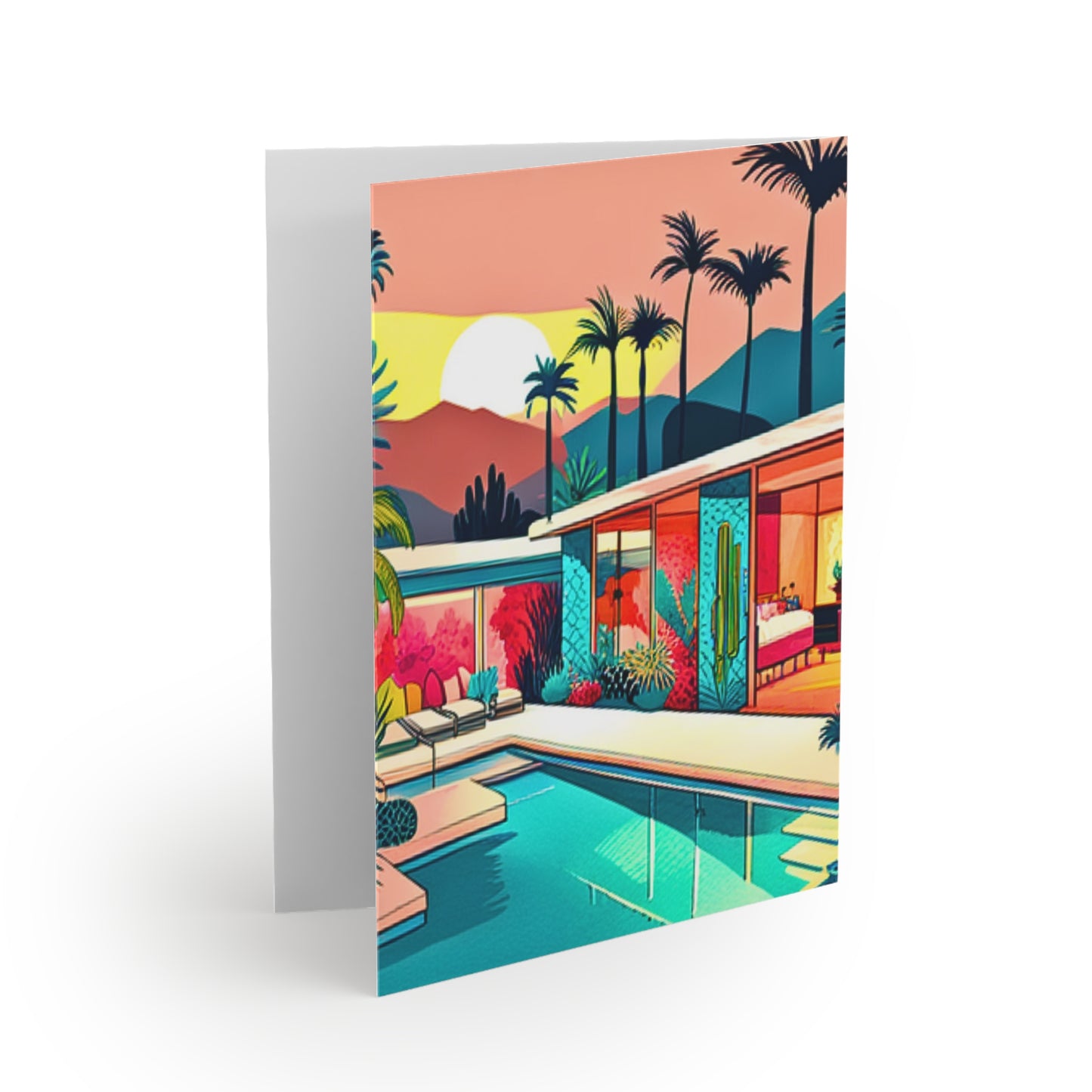 Palm Springs Patio Darling Cocktails Poolside Desert Palm Trees Cactus Midcentury Modern Note Greeting Cards (8pcs)