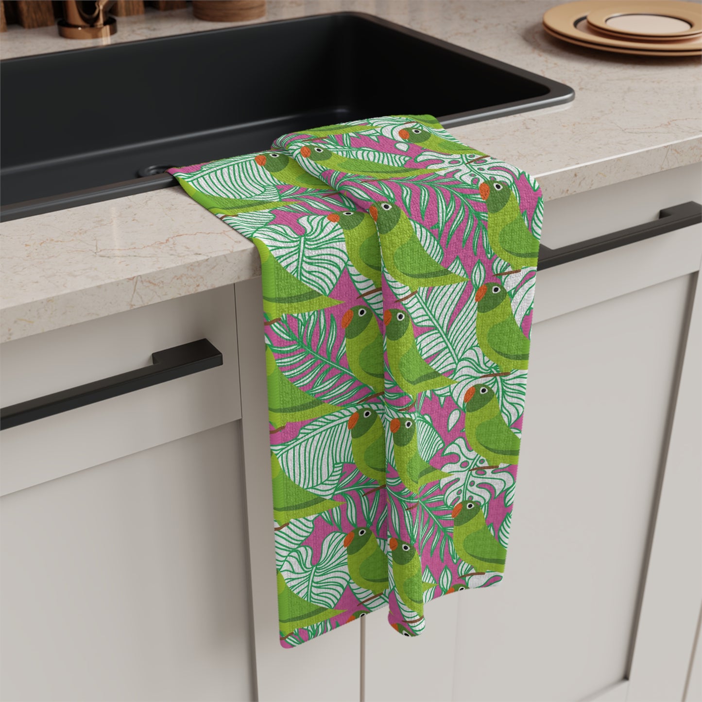 Parrots of Palm Beach Tropical Hot Pink Cocktail Party Birds Decorative Microfiber Waffle Tea Towel/Bar Towel
