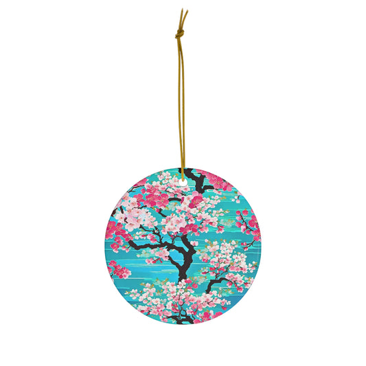 Turquoise Sky Cherry Blossoms Japanese Kyoto Floral Christmas Holiday Decoration Ceramic Ornament