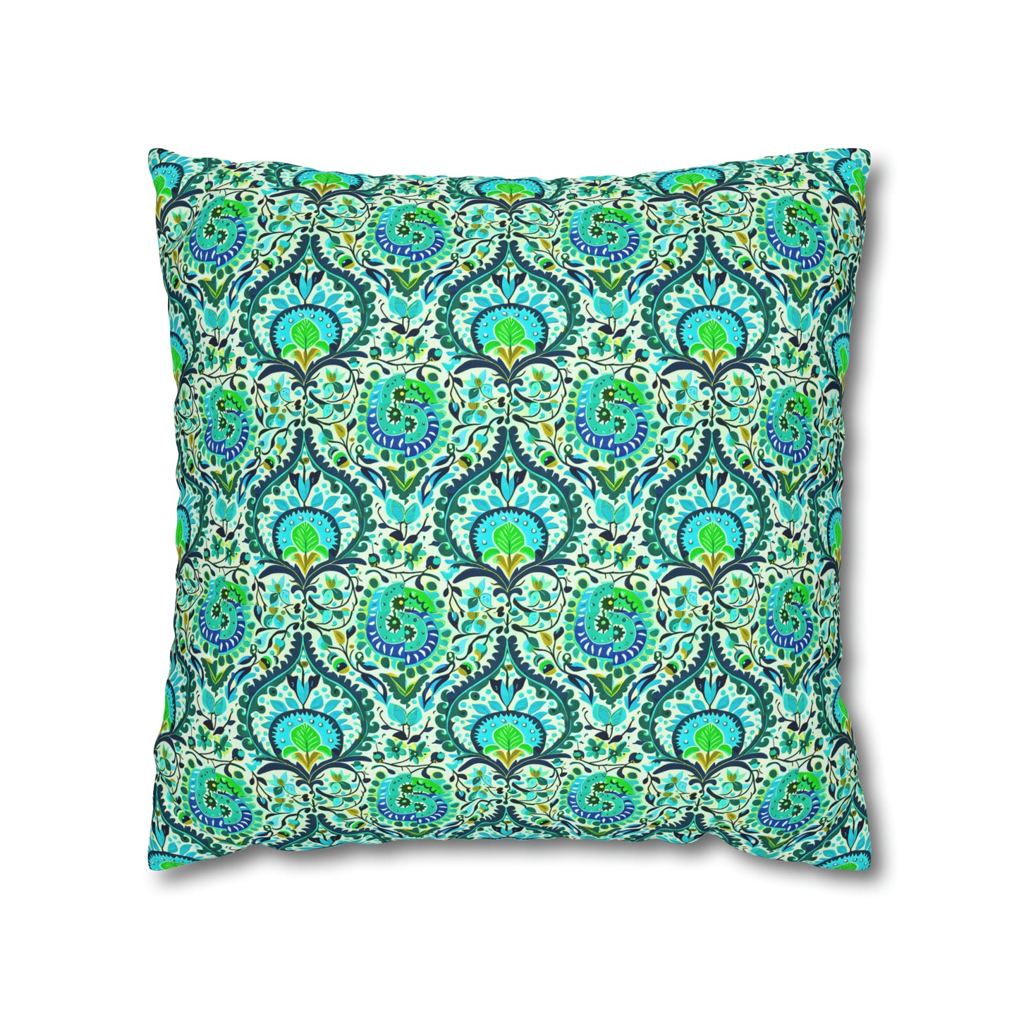 Suzani Tribal Pattern Blue and Green Bohemian Decorative Spun Polyester Pillow Cover