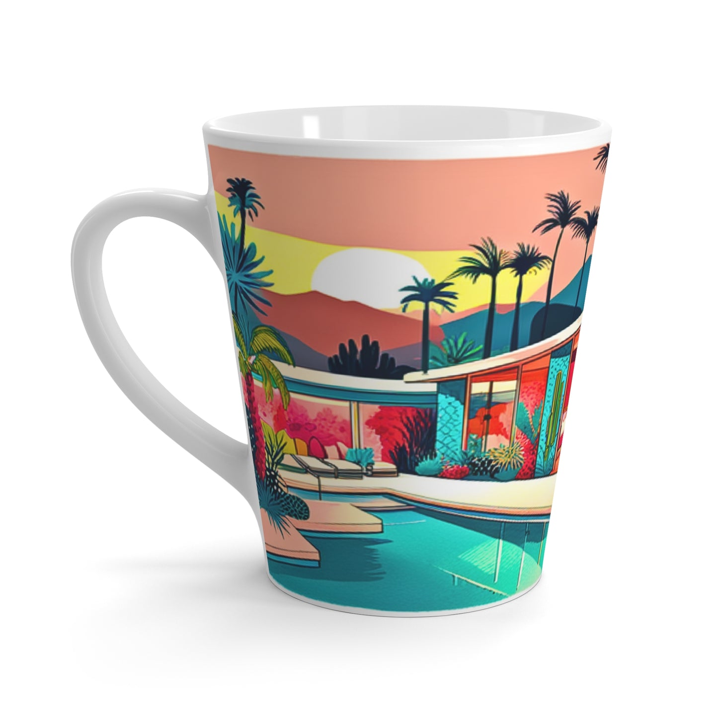 Palm Springs Patio Darling  Cocktails Poolside Desert Palm Trees Cactus Midcentury Modern Style Cappuccino Latte Mug