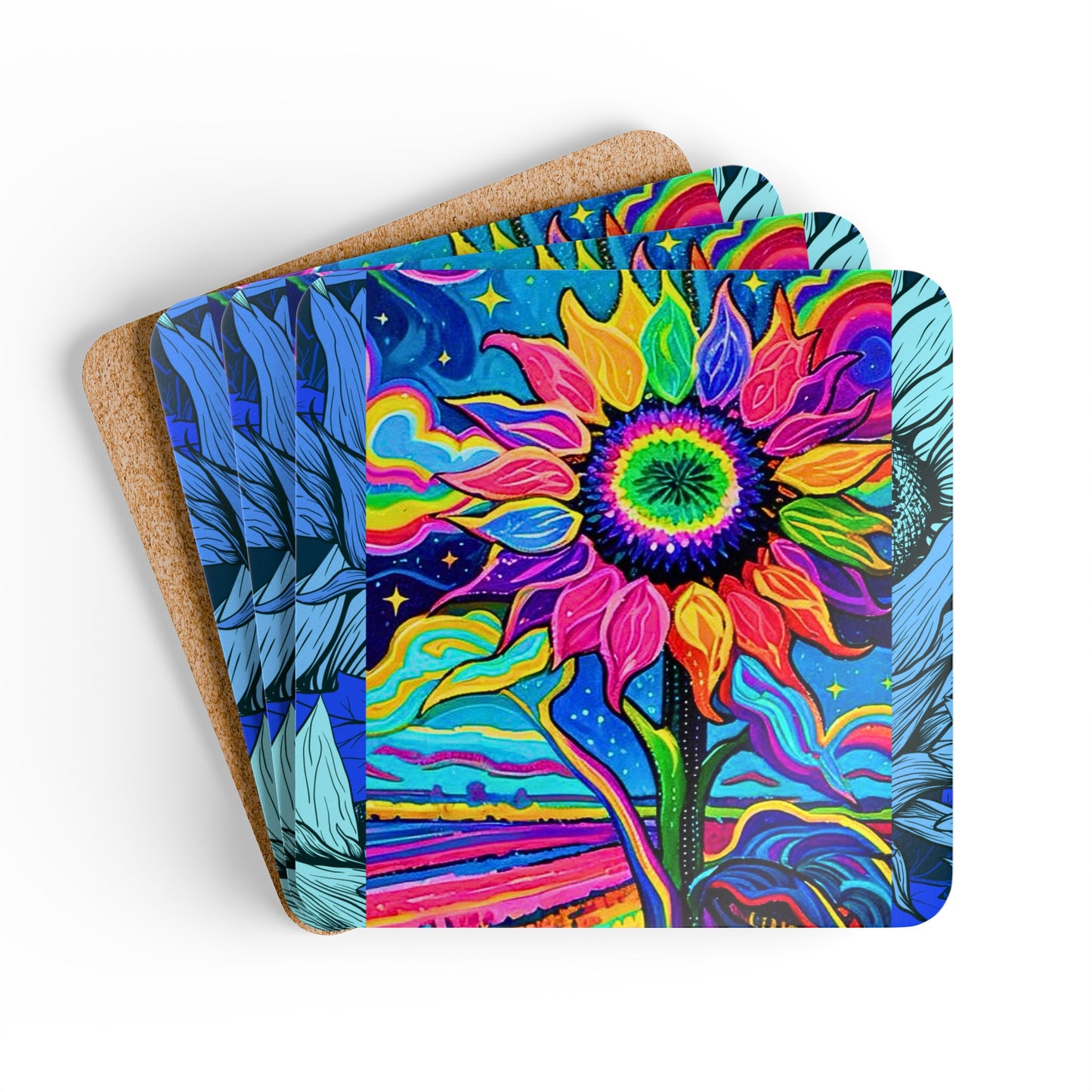 Electric Sunflower Collage Cocktail Party Beverage Corkwood Coaster Set