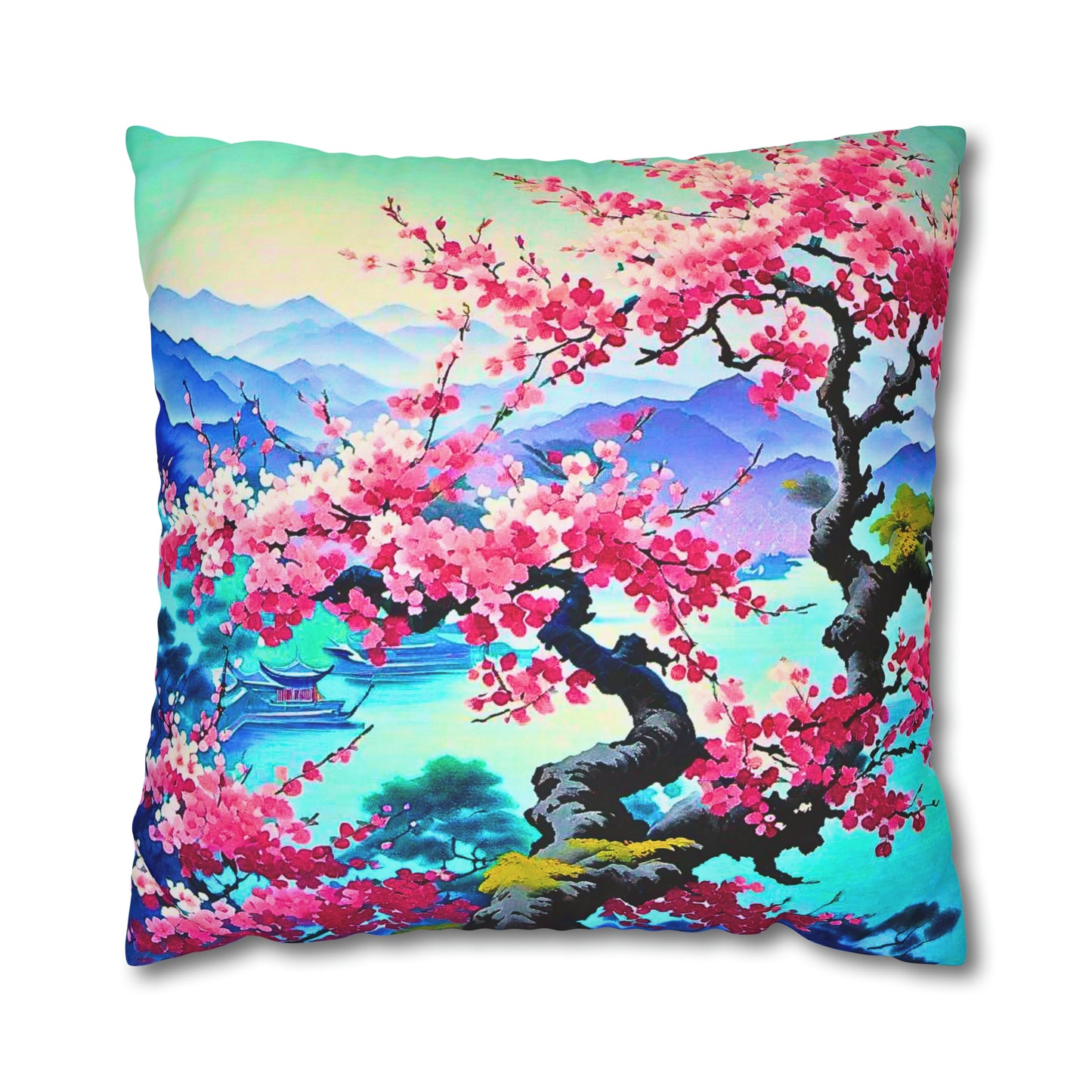 Japanese Mist Cherry Blossom Tree Dream Landscape Decorative Spun Polyester Pillow Cover