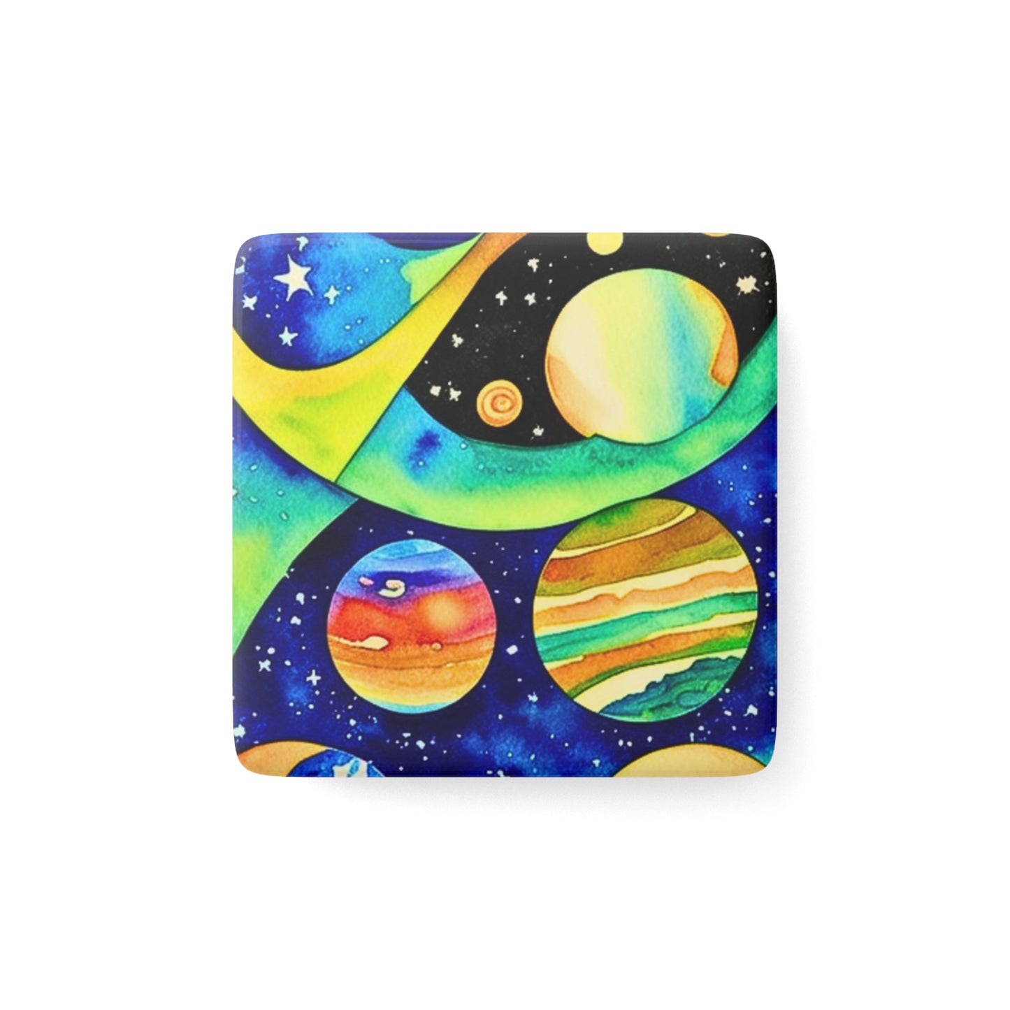 Galaxy Daydreaming Watercolor Painting Decorative Kitchen Porcelain Magnet, Square