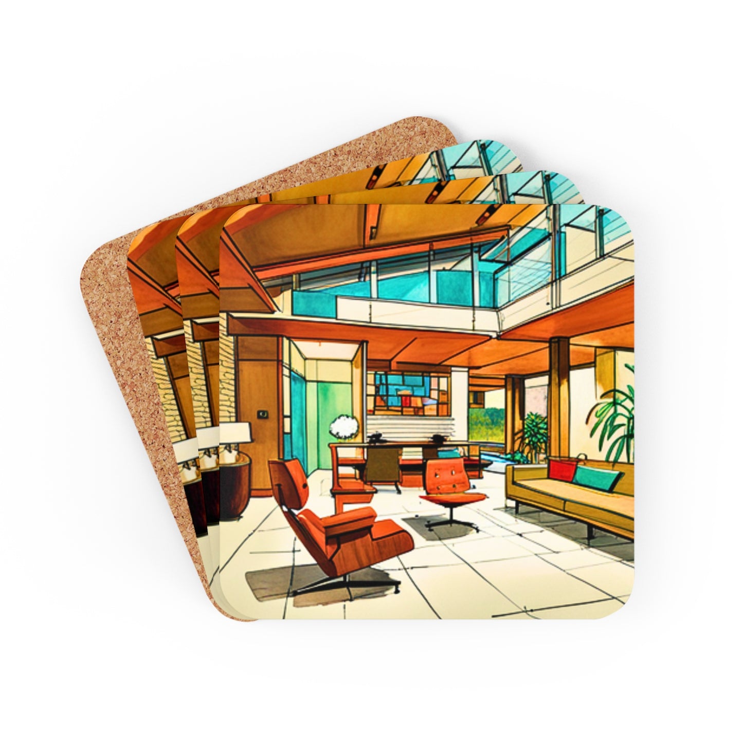 Atrium Sunroom Midcentury Modern Architect Interior Designer Rendering Turquoise Cocktail Party Entertaining Corkwood Coaster Set