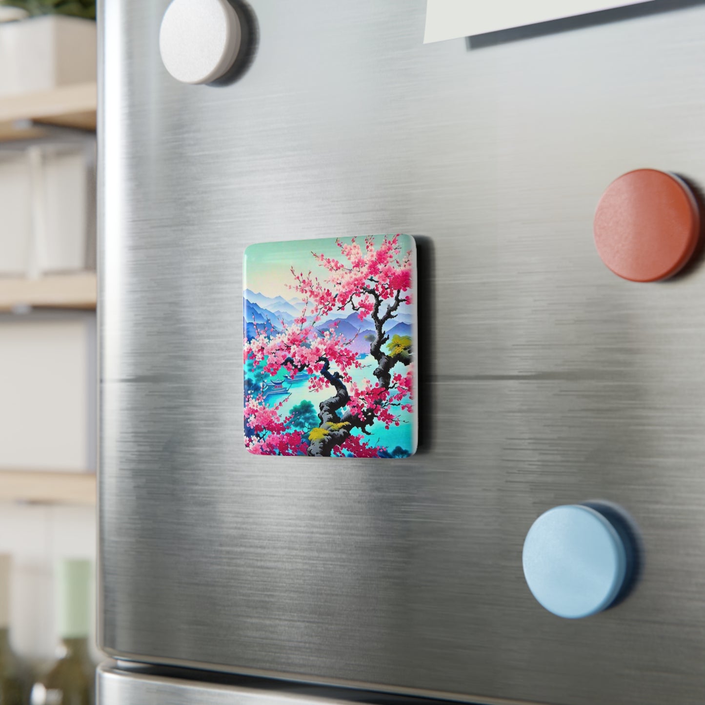 Japanese Mist Cherry Blossom Tree Asian Dream Decorative Kitchen Refrigerator Porcelain Magnet, Square