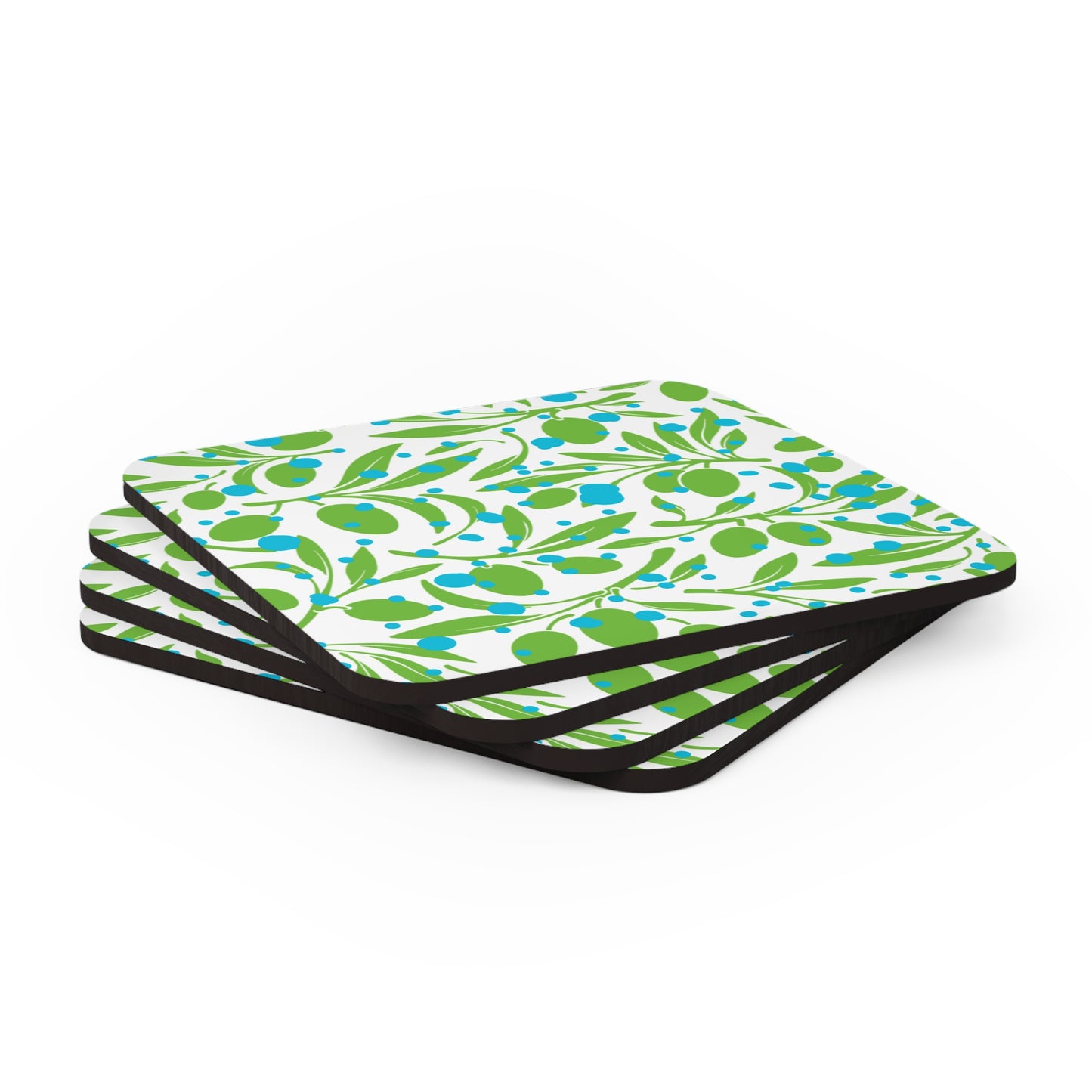 Olive Branches Midcentury Modern Green Blue Decorative Pattern Cocktail Party Entertaining Corkwood Coaster Set