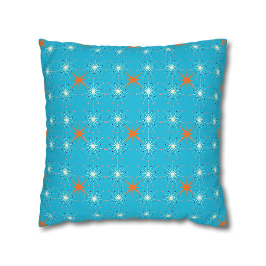 Midcentury Modern Atomic Stars Turquoise Pattern Decorative Spun Polyester Pillow Cover