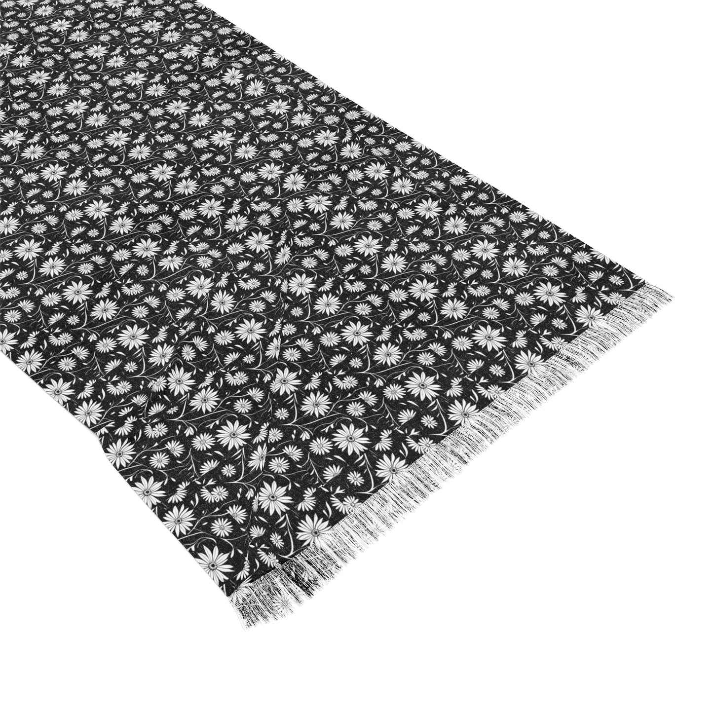 Field of Scandinavian Black and White Daisies 1970s Floral Pattern Decorative Fashion Light Scarf with Fringe